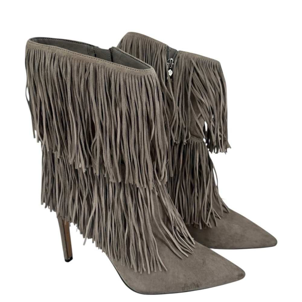 Sam Edelman Belinda fringe suede heeled boots in a grey/taupe color.
